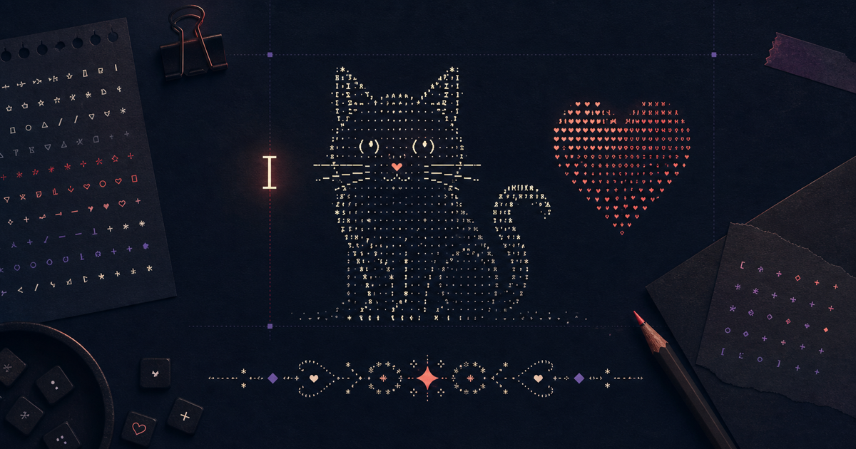 Original editorial illustration of a character-built cat, heart, and decorative text-art divider